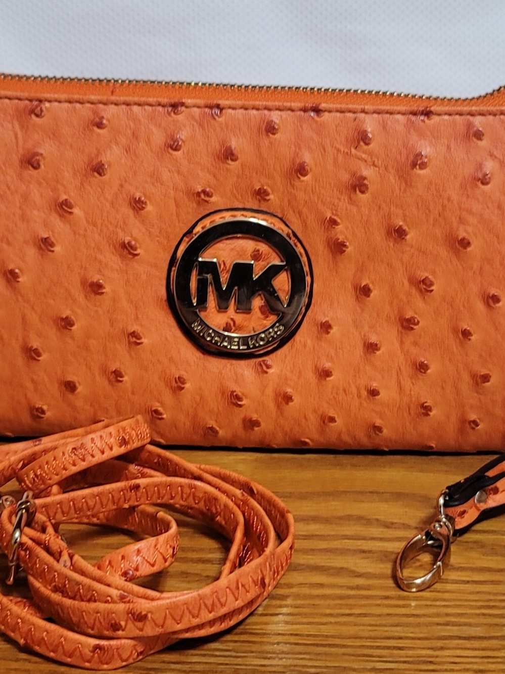 Michael Kors Orange Ostrich-Embossed Crossbody Wristlet
